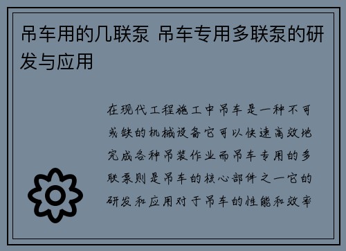 吊车用的几联泵 吊车专用多联泵的研发与应用