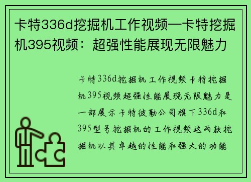 卡特336d挖掘机工作视频—卡特挖掘机395视频：超强性能展现无限魅力